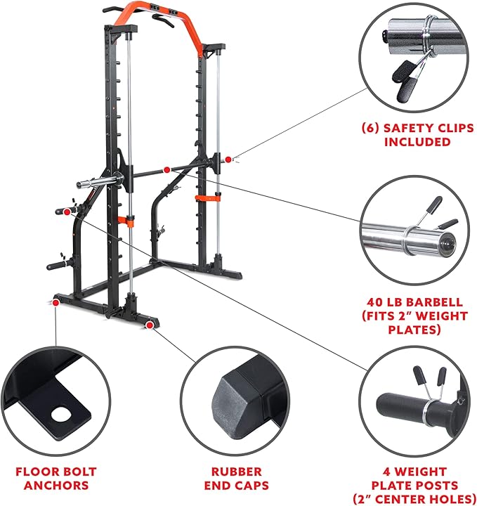 Sunny Health & Fitness Premium Smith Machine & Squat Cage Rack, Pull-Up Bar, Spotter Blocks for Weightlifting & Bench Press for Home Gym Strength Training