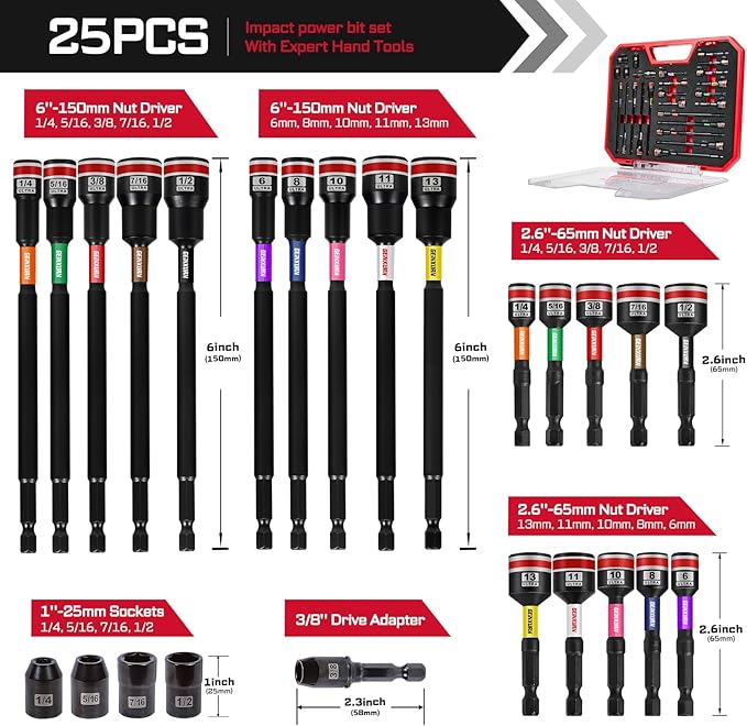 25Pieces Magnetic Nut Driver Set for Impact Drill Metric and SAE Sizes with Plastic Tool Box Storage, Built for Professional & DIY Projects