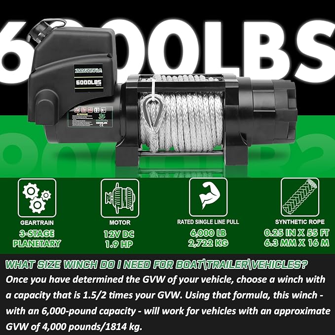 Winch with 1/4"×55 ft Synthetic Rope Electric Winch 12v 6000lbs, Trailer Winch with Wireless Remote &Manual Switch, with Pulley+Rubber Stopper,IP68 Waterproof, for Off Road ATV UTV