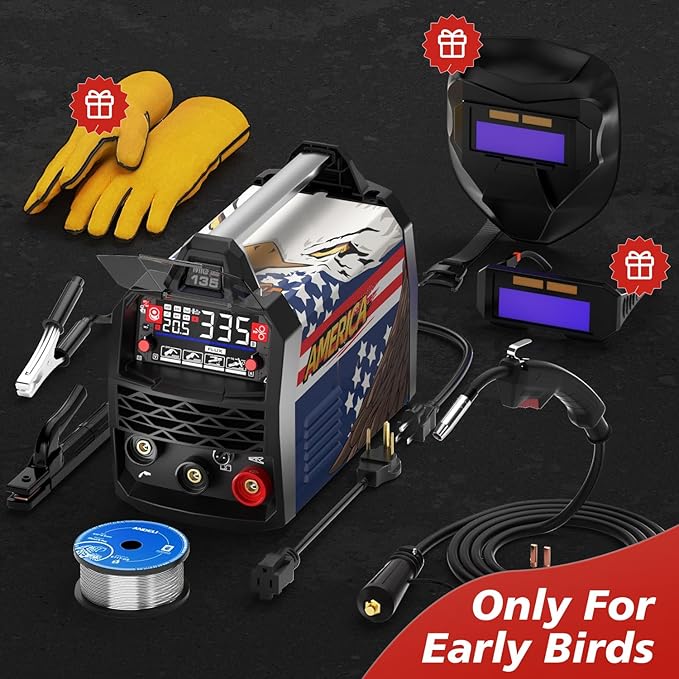 ANDELI 135Amp MIG Welder 110V/220V Dual Voltage, Portable Flux Core MIG/Lift Tig/Stick 3-in-1 Multiprocess MIG Welding Machine with Synergy, LED Display Full Kit (Bonus Welding Helmet & Gloves)