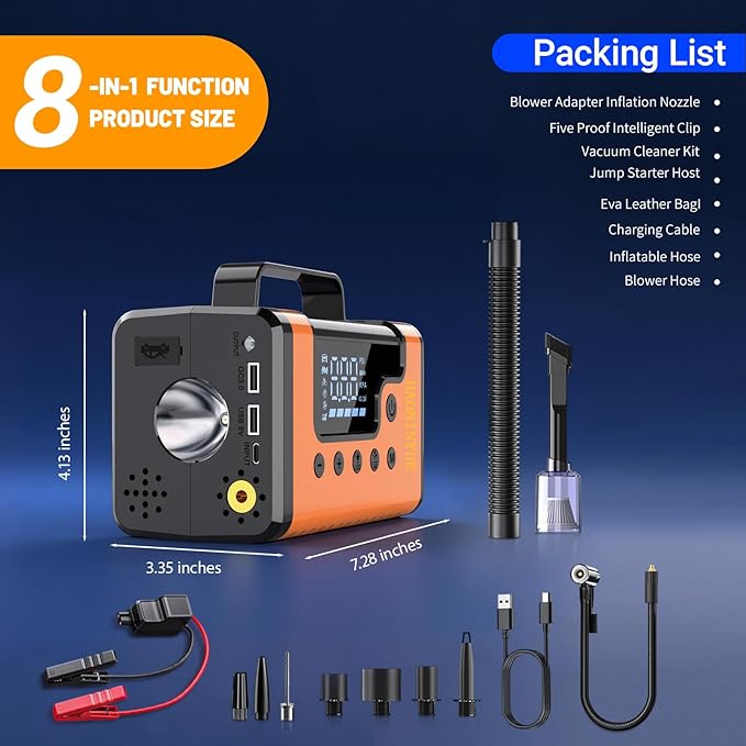 Car Jump Starters with Air Compressor, 5000A Portable Car Battery Booster, Clean Vacuum Cleaner, 12V Lithium Ion Battery Charger, 150PSI Tire Inflator for 8.0L Gasoline and 6.0L Diesel Engines