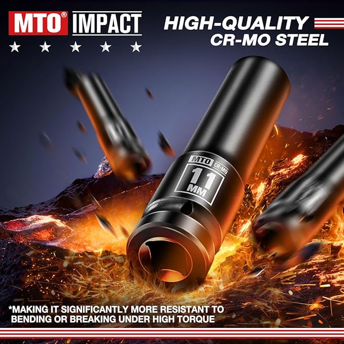 MTO 1/2" Drive 11mm Deep Impact Socket, 6 Pt. Metric Socket, CR-MO Steel & Anti-Corrosion Coating for Heavy-Duty Use