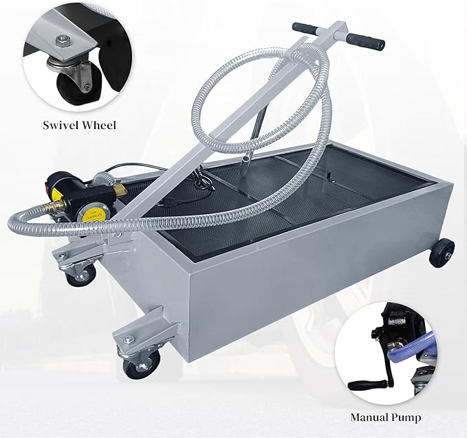 25 Gallon Oil Drain Pan with Electric Pump, Low-Profile Oil Pans for Changing Oil, T-Handle and J-Hook Makes Drain Easier, Gray
