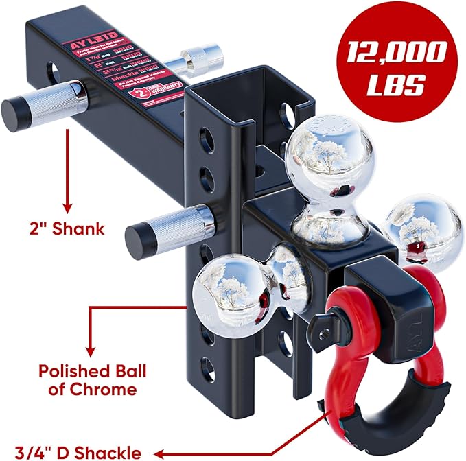 Ayleid Trailer Hitch Tri-Ball Mount with Anti-Theft Locking Hitch Pin&Hook&Rotatable Tow Shackle,Fits 2-in Receiver with 1-7/8-in,2-in,2-5/16-in Hitch Ball Adjustable with Shackle