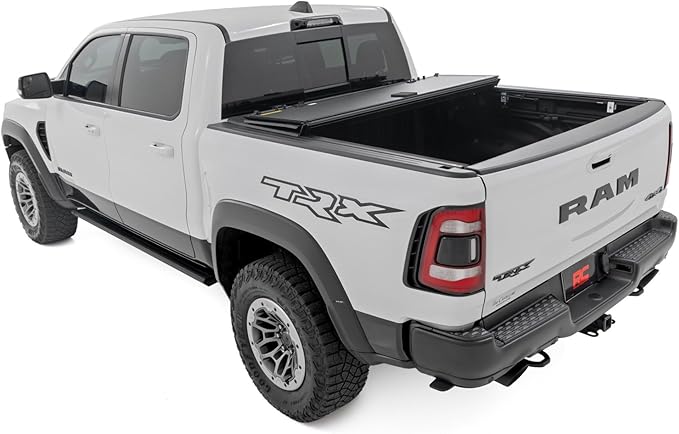 Rough Country Hard Tri-Fold Flip Up Truck Bed Tonneau Cover for Dodge Ram 1500 (2019-2025) TRX (2021-2025) - Flush Aluminum Bed Cover, Fits 5'7" (66.7") Bed