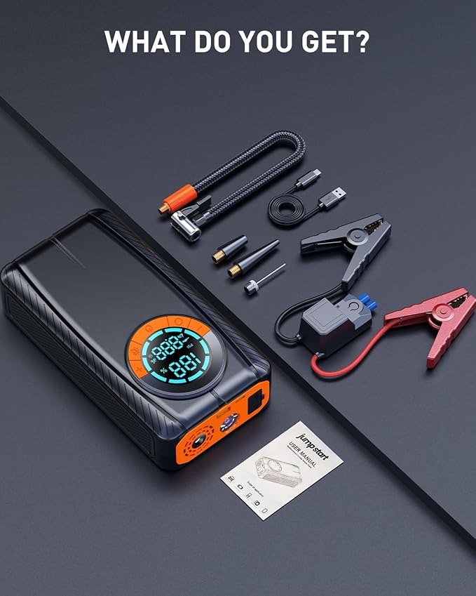 Jump Starter with Air Compressor, Car Battery Jump Starter (8.0 Gas/7.0L Diesel), Battery Jumper Starter Portable Jump Box, 12V Portable Car Jump Starter with Tire Inflator, LED Light (Model)