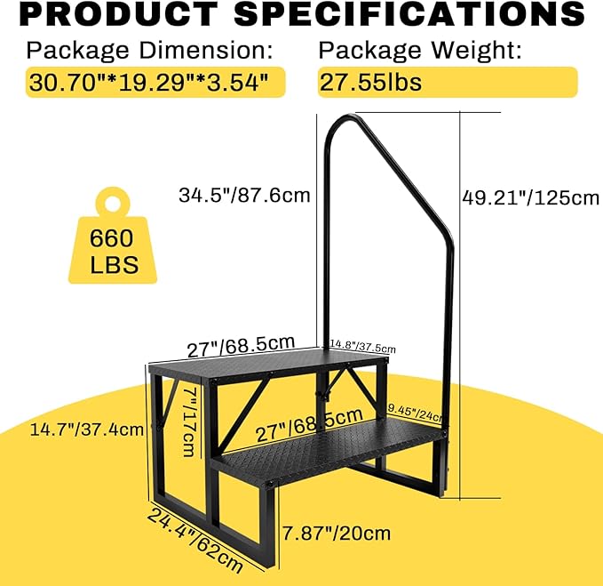 RV Steps with Handrail, Hot Tub Steps Outdoor, 2 Step Ladder Stool, RV Stairs with Anti-Slip Panel, Camper Steps for Spa, Travel Trailers, Pool and Porch