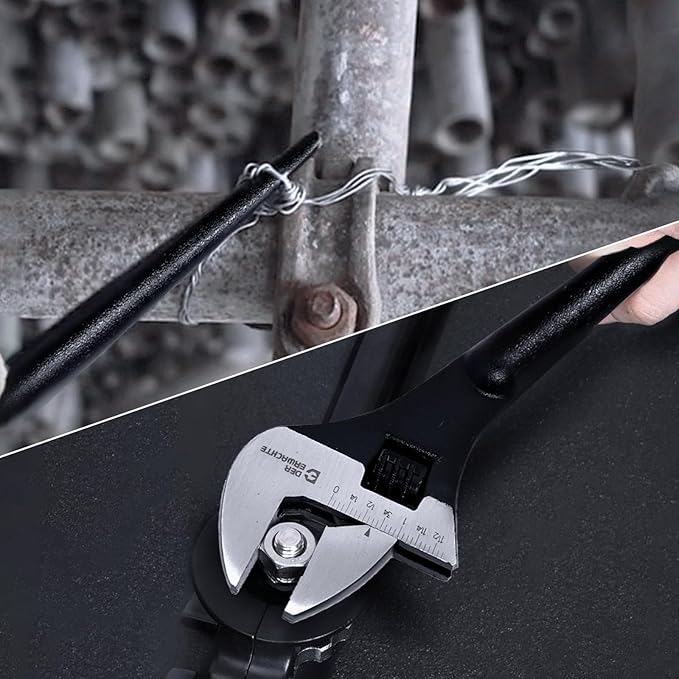 3-Piece Adjustable Construction Spud Wrench Set, 10-inch, 12-inch, 16-inch, SAE and Metric Scale Marked, CR-V Steel with Black Oxide Finish, Alignment Holes and Tail Crowbar Features