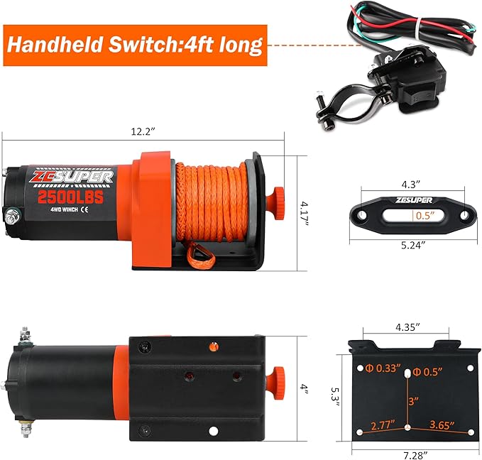 ZESUPER 2500 lb 12V DC Electric Winch 30 ft Synthetic Rope Off Road Waterproof UTV ATV Boat Winch Kits with Wireless Remote,Handheld Switch