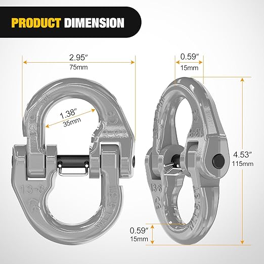 Nilight Safety Chain Connector Link, 1/2In Tow Hitch Hammerlock Coupling Link, 2 Pcs Forged Steel Tow Chain Connector for Chain Link/Recovery Rope Link/Shackle, 12000 lbs Load Limit, Grey