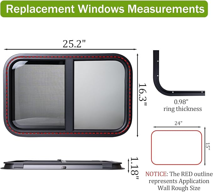 RV Window | 24" W x 15" H | Teardrop Style | Horizontal Sliding Replacement Glass &Trim Set | DOT Certification Qualified