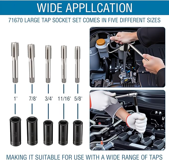 71670 Large Tap Socket Set 5pcs, Fit 5/8", 11/16", 3/4", 7/8" and 1" (16mm-25mm) Taps, Sockets Adapter Wrench Set #9, #10, #11, #12, #13