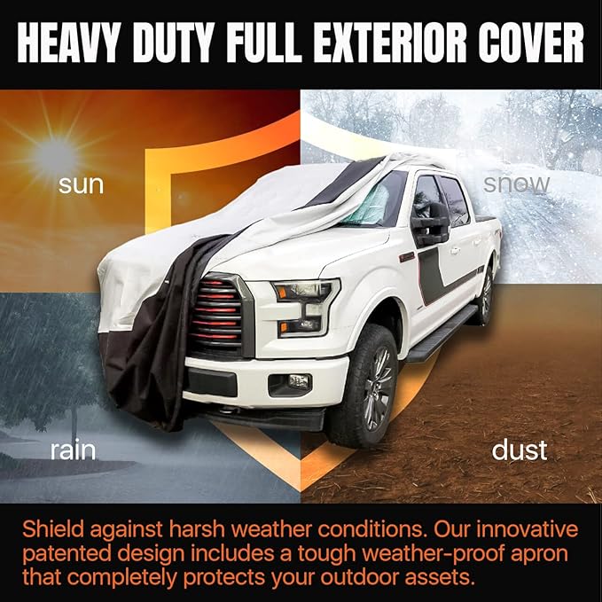 Heavy Duty Truck Cover — Wind & Weather Resistant Patented Weighted Ground Conforming Apron Seal, 360° Ground Seal for Car Protection, Long Bed Truck Protector | 260" L x 85" W x 85"
