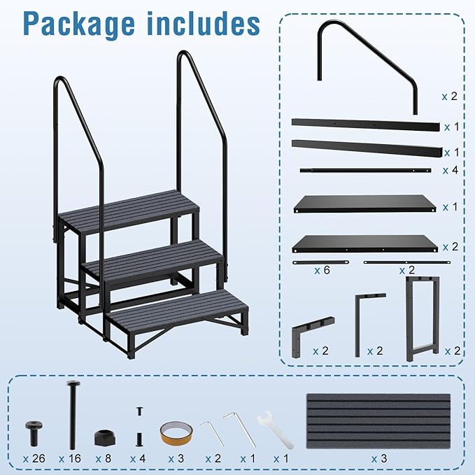 RV Steps with Handrail, 3 Steps RV Stair, Mobile Home Stairs for Camper, Trailer, hot tub, Steps with Non-Slip mat, 660lbs Capacity