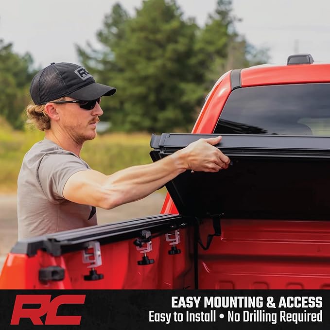 Rough Country Hard Flip-Up Truck Bed Tonneau Cover for Ford F-150 (2015-2020) - Aluminum Tri-Fold Bed Cover