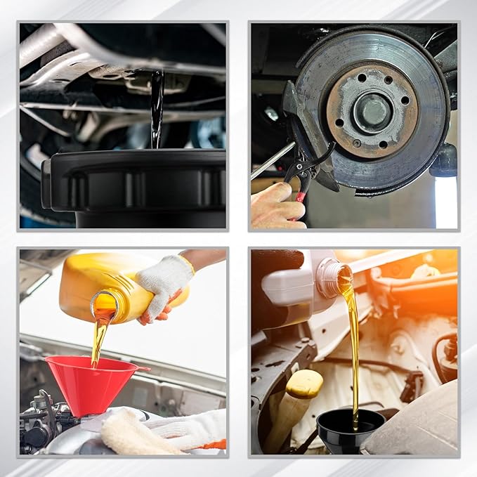 8 Pcs Automotive Oil Funnel Set Include 4 Wide Mouth Flexible Funnel with Handle 2 Plastic Large Funnels Adjustable Oil Filter Wrenches Drain Pan for Cars and Motorcycles
