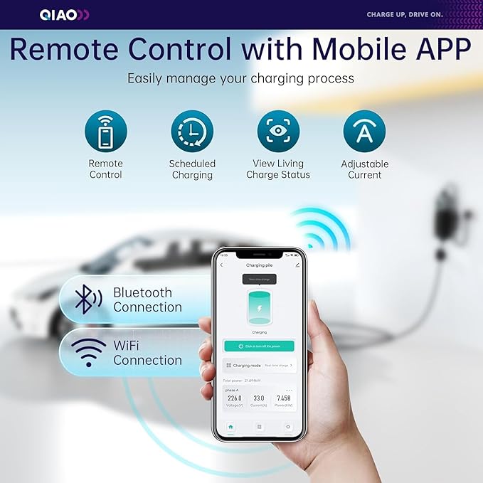 QIAO 40A Portable EV Charger & Mobile EV Charger Level 2, Replaceable Plug (NEMA 14-50 & More), Max 9.6kW Wall-Mount Power, J1772, 25ft Cable, 2.8" LCD for Home & Travel