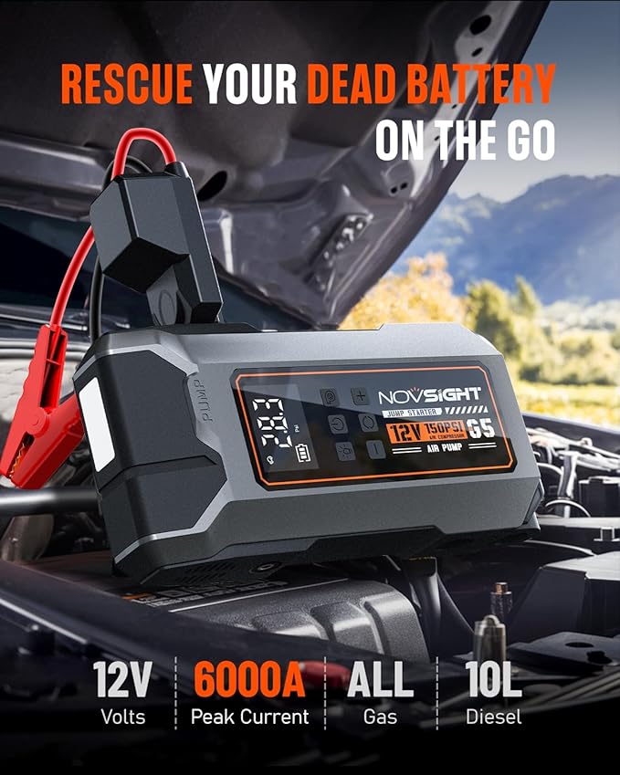 NOVSIGHT Jump Starter With Air Compressor - 6000A 13-in-1 Portable Jump Box for Car Battery, 12V Jump Starter Power Pack(ALL Gas/10L Diesel) 150PSI Auto-Shut Tire Inflator & Air Inflator/Deflator Pump