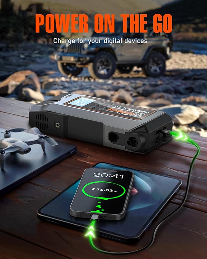 NOVSIGHT Jump Starter With Air Compressor - 6000A 13-in-1 Portable Jump Box for Car Battery, 12V Jump Starter Power Pack(ALL Gas/10L Diesel) 150PSI Auto-Shut Tire Inflator & Air Inflator/Deflator Pump