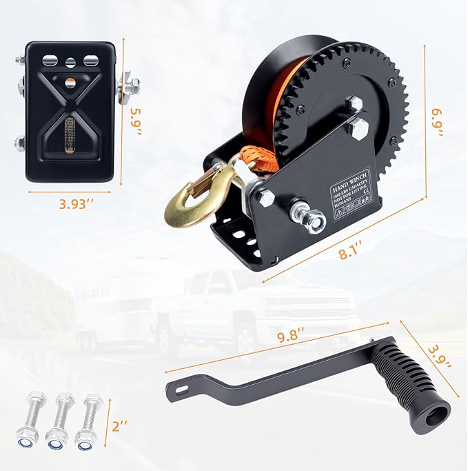 1600LBS Heavy Duty Boat Trailer Winch with 19FT Strap, 2-Way Ratchet, 4:1 Gear Trailer Winch, Portable Hand Crank for Boat, Truck, Trailer, RV, ATV, Jet Ski (1600lbs Orange Strap Winch)