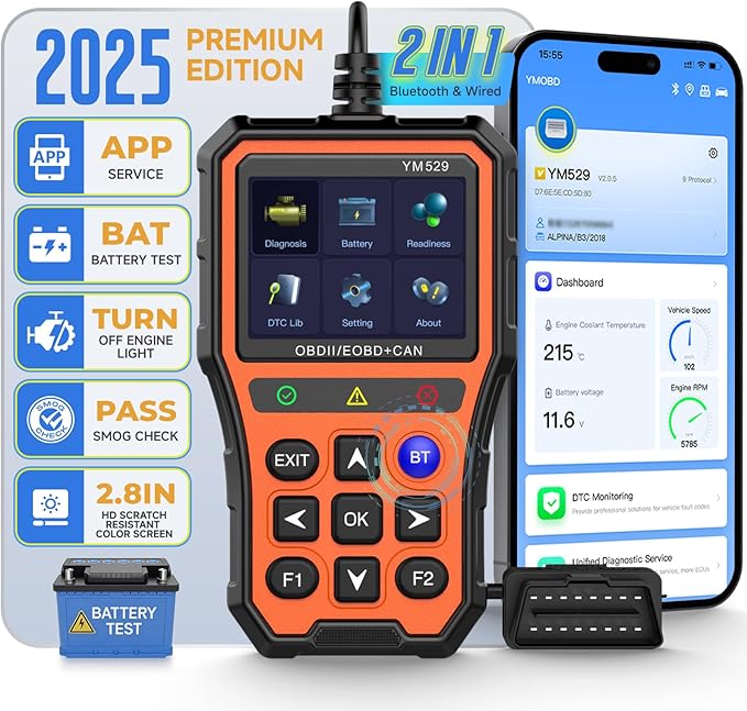 Bluetooth OBD2 Scanner with Battery Tester & Monitoring & Life Test - Support Checking Car Diagnostic Information on iPhone & Android, 2.8 inch HD Large Color Screen, TPU case Protection, Orange