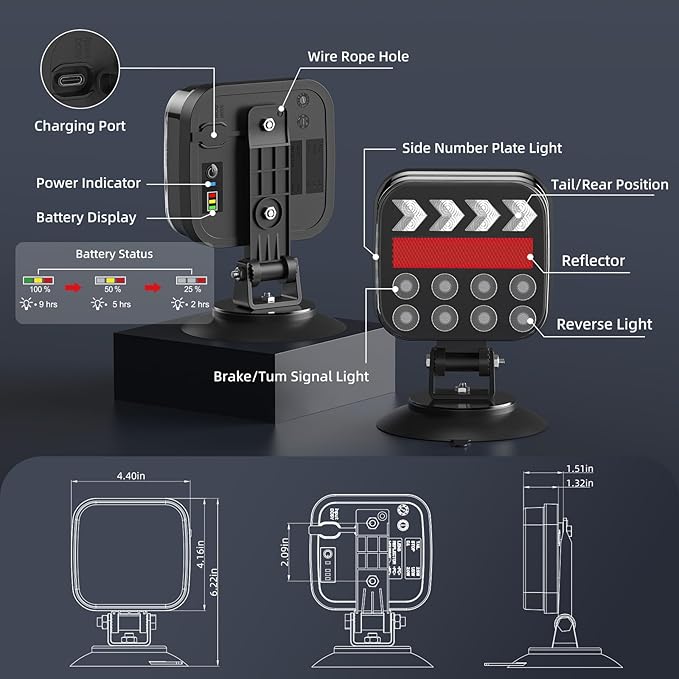 Wireless Trailer Lights Magnetic, Rechargeable LED Tail Lights with 2.4GHz Wireless Signal, Adjustable Magnetic Tow Light for Trucks, Boats, RVs, Campers, IP67 Waterproof Trailer Light Kit