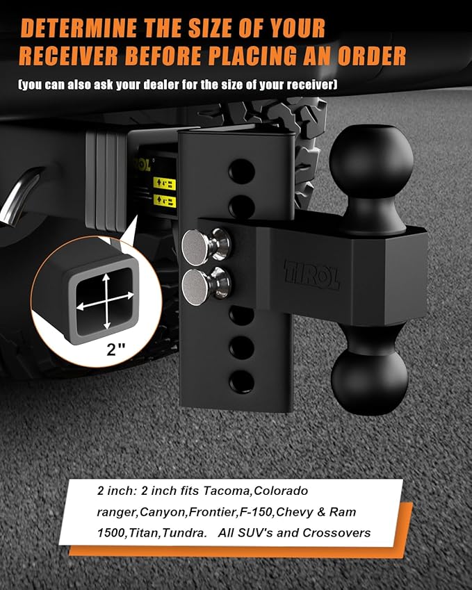 TIROL Adjustable Trailer Hitch - Fits 2'' Receiver 4 Inch Drop/Rise for Truck Hitch, 2'' & 2-5/16'' Ball Hitch, 22000 LBS GTW, Heavy Duty Towing Ball Mount, RVs, Campers, Boat Trailers