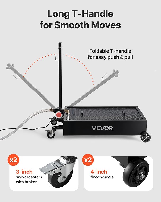 VEVOR Low Profile Oil Drain Pan, 15 Gallon Capacity, Rolling Oil Drain Pan with Electric Pump & 7.2 ft Hose, Leak-Proof & Corrosion-Resistant, Fit for Cars, SUVs, Trucks, Motorcycles, ATVs, Metal