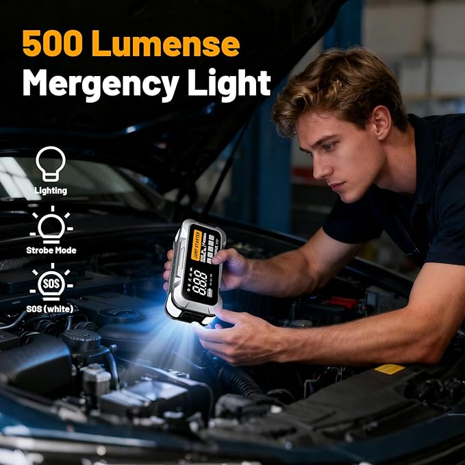 4000A Car Jump Starter with Air Compressor, 12000mAh&150PSI Portable Car Battery Jump Starter, 12V Jump Box Battery Pack (8L Gas 6L Diesel Engine) with Boost, LEDLight and Jumper Cables