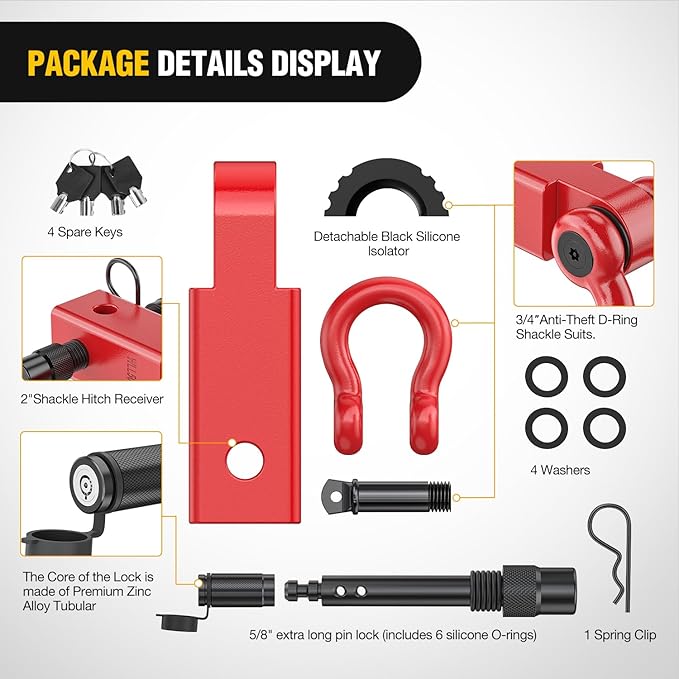 Nilight Anti-Theft Shackle Hitch Receiver 2Inch 45000 LBs Breaking Strength 3/4" Anti-Theft D Ring Shackle 5/8" Trailer Hitch Lock Pin Heavy Duty Solid Towing Kit for Trucks Off Road (Red)