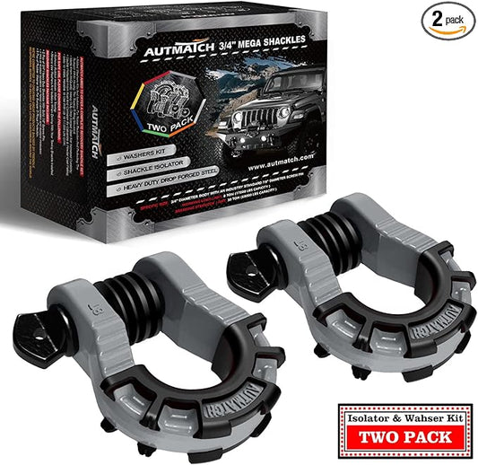 AUTMATCH D Ring Shackles 3/4" Mega Shackle (2 Pack) 68,000Ibs Break Strength - Heavy Duty Clevis Shackles with 7/8" Screw Pin and Isolator Washer for Tow Strap Winch Off Road Vehicle Recovery, Gray