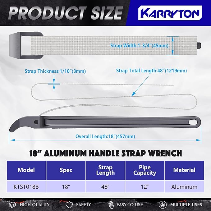 18 Inch Strap Wrench, Aluminum Handle w/ 48" Long Nylon Strap for 12” Max OD Capacity – Heavy-Duty Oil Filter Wrench for Round, Slippery, Odd-Shaped Objects