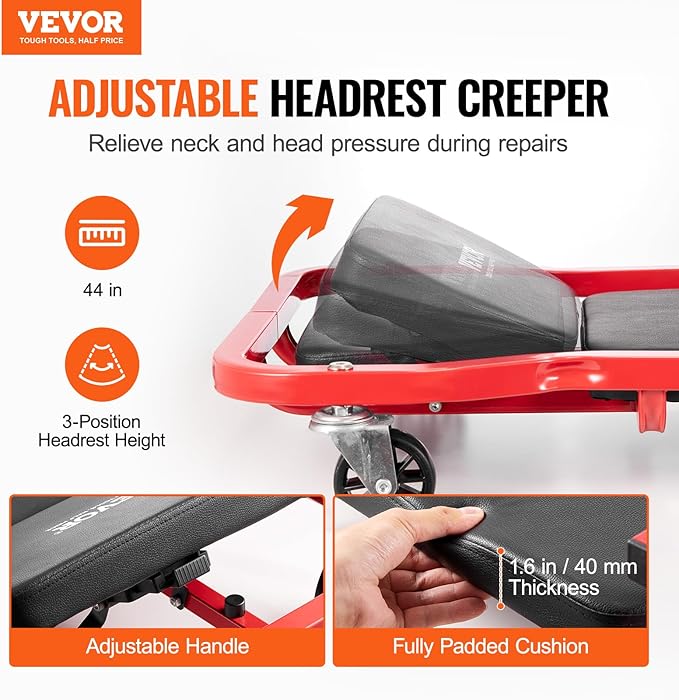 VEVOR Mechanic Garage Creeper, 44-Inch, 300 lbs Capacity Automotive Rolling Creeper with 6 Casters Adjustable Cushioned Headrest Tool Tray, Heavy Duty Steel Frame for Garages, Repair Shops, and DIY
