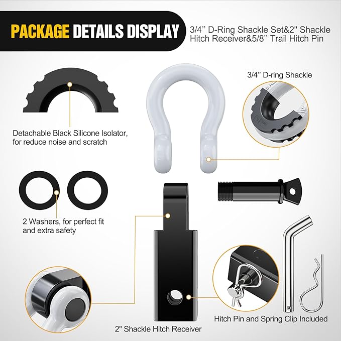 Nilight Shackle Hitch Receiver 2Inch 45000 LBs Breaking Strength 3/4" D Ring Trailer Fasten Pin Heavy Duty Solid Recovery Towing Kit for Trucks Jeeps Off-Road