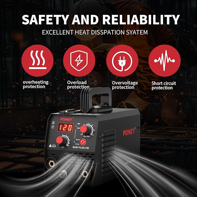 PONEY 120A Flux Core MIG Welder 110V - 3 in 1 Gasless MIG/Stick/Lift TIG Welding Machine with Synergic Control IGBT Inverter Multi-process Portable Wire Feed Welder