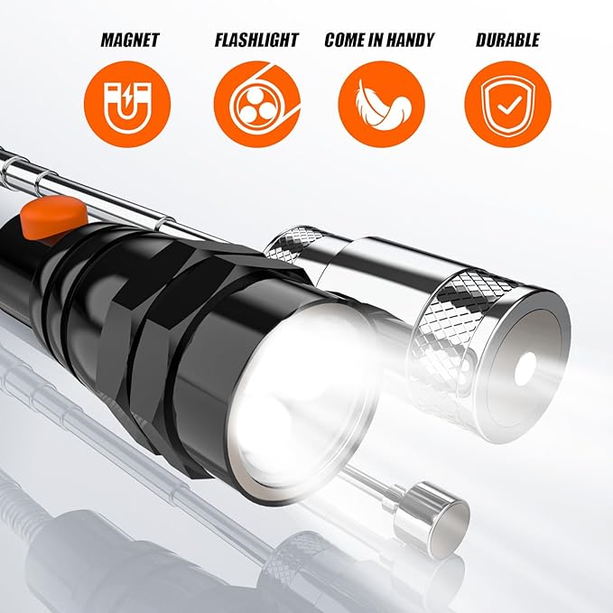 Telescoping Magnetic Pickup Tool Set with 1 & 15 lb Pick Up Sticks, Round and Square Adjustable Inspection Mirror and Flexible LED Flashlight, Christmas Stocking Stuffers for Men Adults, Gifts for Him