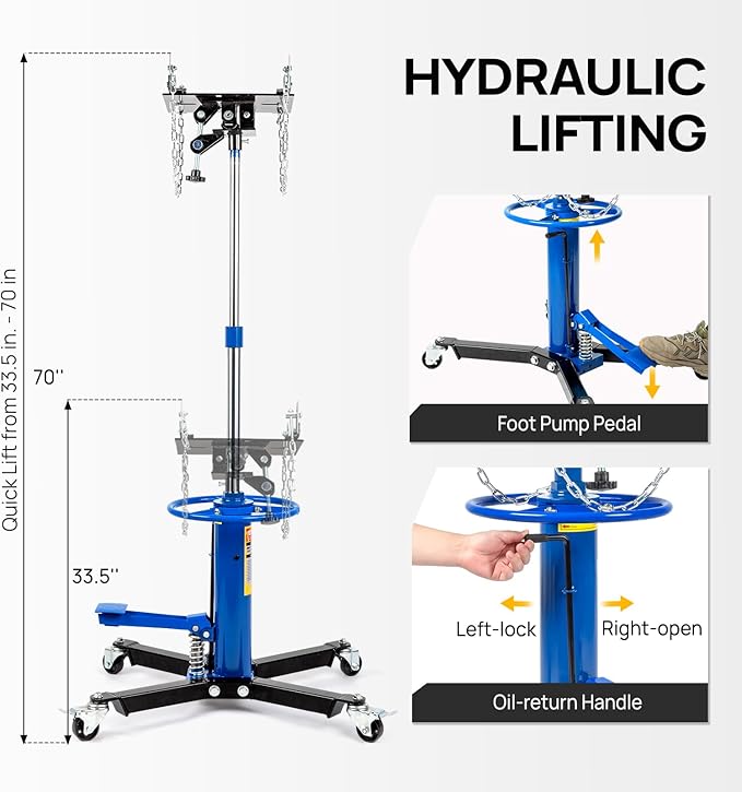 TUFFIOM Transmission Jack, 1100 lbs 1/2Ton Hydraulic 2-Stage High Lift Vertical Telescoping Floor Jack Stand, 34" to 68" Lifting Range, w/Pedal, 360° Swivel Wheels, Garage/Shop Lift Hoist, Blue