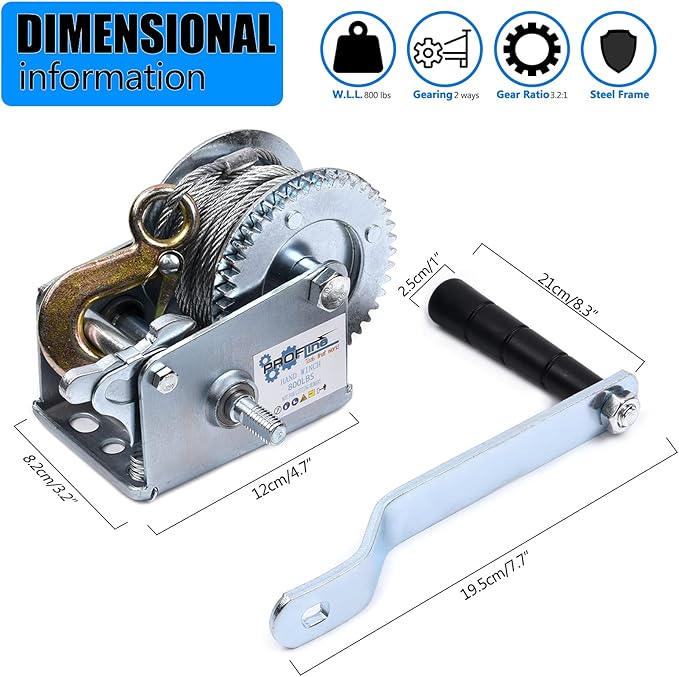 800lbs Hand Winch Steel Cable Boat Trailer Winch Two-Way Ratchet Gear Manual Winch Crane Weight Dock Leveling Winch with 8m Steel Wire for ATV Truck Towing