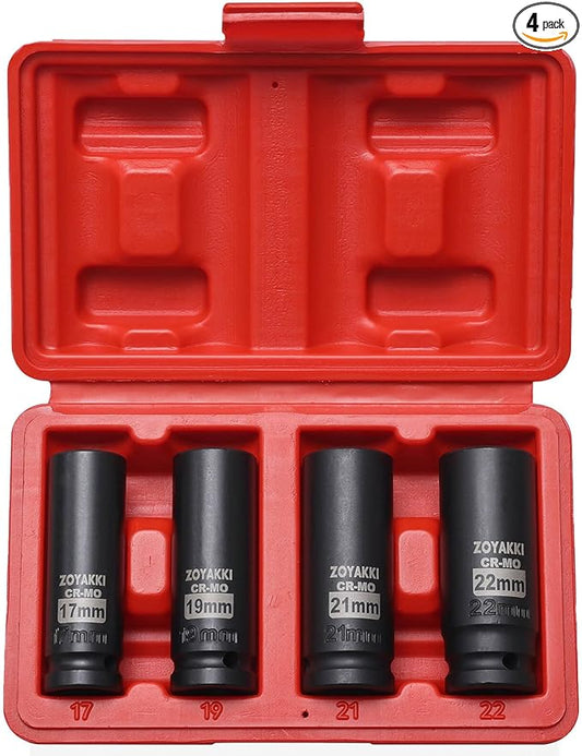 4 Pieces 1/2-Inch Drive Deep Impact Socket Set, (17-19-21-22mm), Metric Socket Set, 6 Point,with a Storage Cage