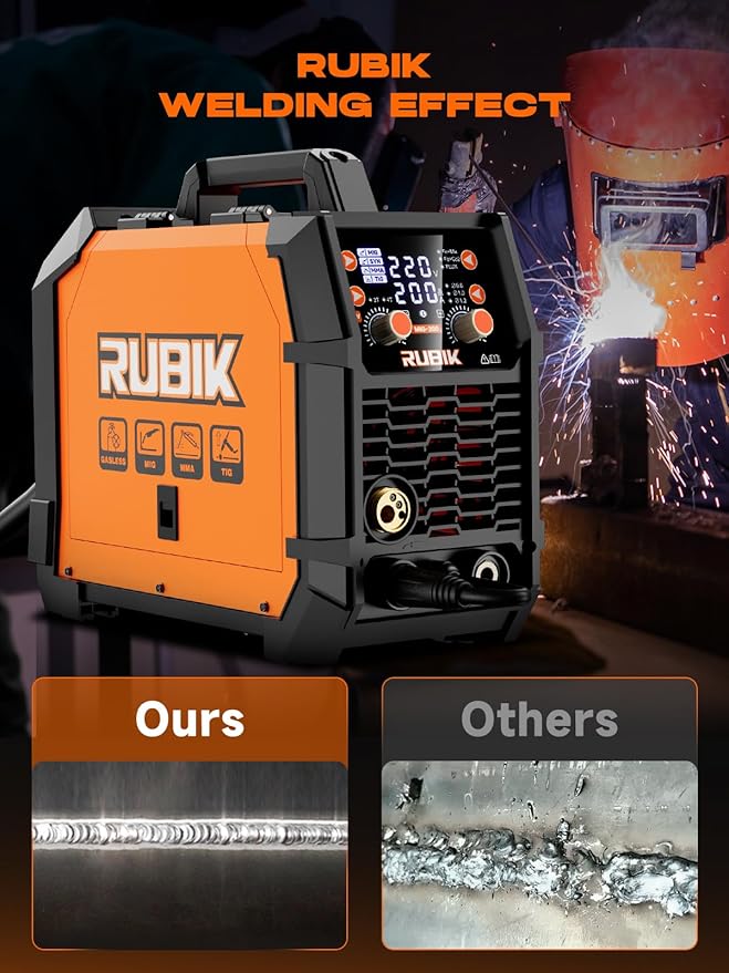 RUBIK MIG Welder,200 Amp 5 in 1 Flux Core Welder,Gas MIG/Gasless Flux Core MIG/Stick/Lift TIG/Spot welding/Spool Gun 110V/220V Aluminum Multi Process Welding Machine with Large LED Digital Display
