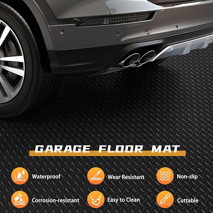 Boshen 7.5x17FT Garage Floor Mat, 2.5mm Thickened Diamond Plate PVC Rubber & Vinyl Flooring Roll, 127.5 SQFT Non-Slip Rubber Garage Mat for Floor Under Car Protection - Black