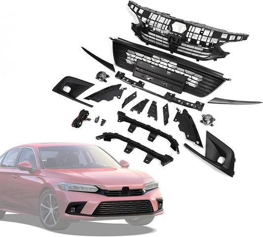 ZXMOTO Black Front Bumper Upper Grill Grille Kit Fit for Honda Civic Sedan 4Door 2022 2023 2024