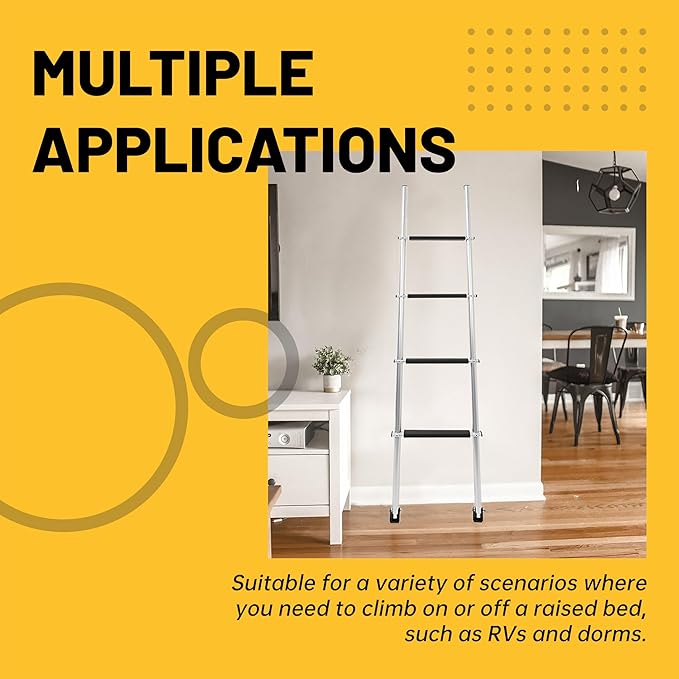 KUAFU 60'' Bunk Bed Ladder with RV W/Hook and Rubber Foot Pads Aluminum RV Camper Bunk Ladder with Non-Skid Steps for Safe Climbing 450LBS