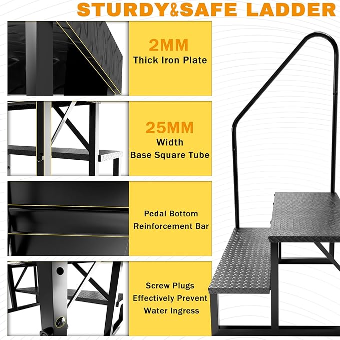 RV Steps with Handrail, Hot Tub Steps Outdoor, 2 Step Ladder Stool, RV Stairs with Anti-Slip Panel, Camper Steps for Spa, Travel Trailers, Pool and Porch