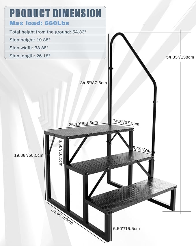 3 Step RV Steps｜Pool Ladder with Handrail｜Update 3.0 Outdoor RV Stair with Anti-Slip Pedals｜RV Ladders for Travel Trailers｜Heavy Duty Mobile Home Steps for Camper, Porch, Spa