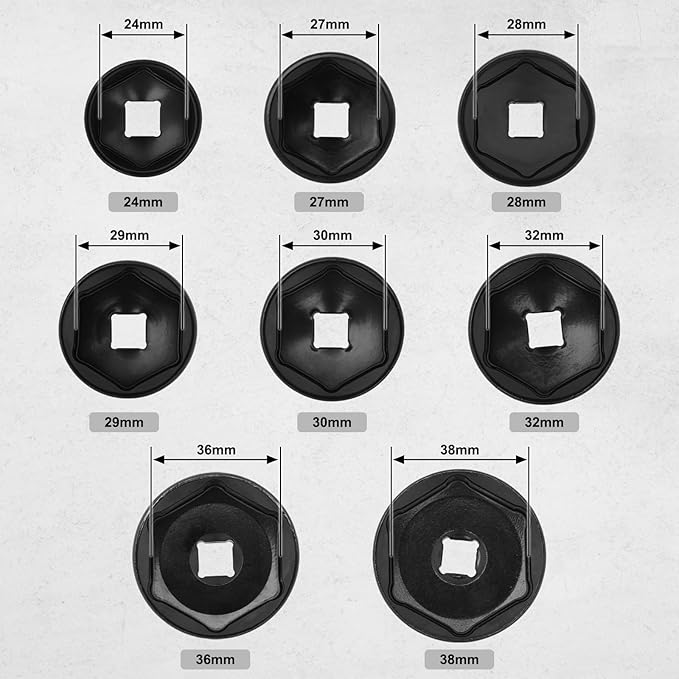 Mayouko 8 Pieces 3/8" Drive Low Profile Oil Filter Cap Wrench Socket Set, 24mm, 27mm,28mm,29mm,30mm,32mm,36mm,38mm,CR-V, Oil Filter Cap Remove and Install Tool Kit