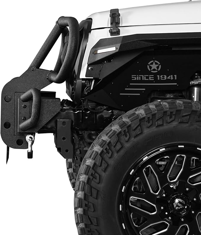 Hooke Road Wrangler Stubby Front Bumper Brush Guard Bull Bar for 2007-2018 Jeep Wrangler JK & Unlimited 2/4 Doors, Rock Crawler Tubular Offroad Bumper with Winch Plate, Lights & D-rings