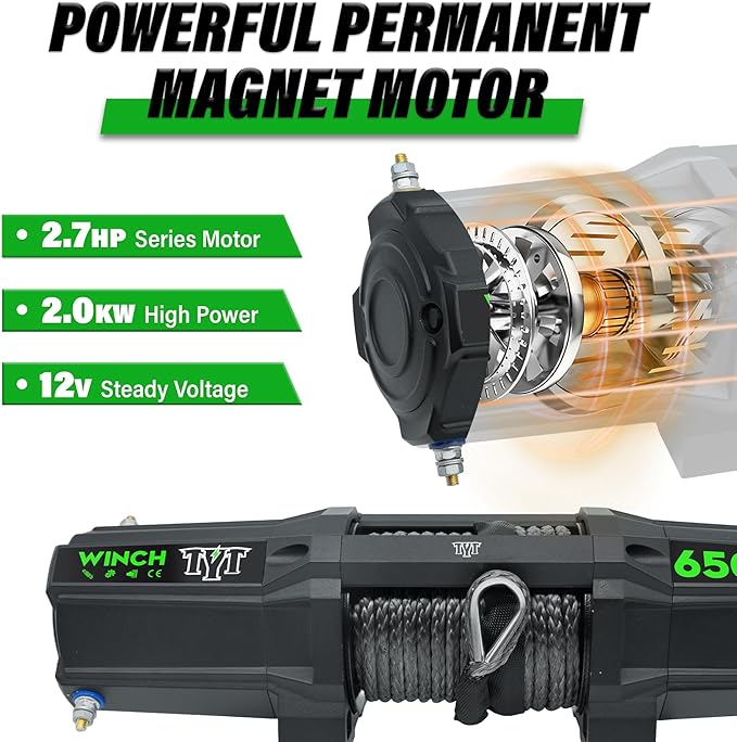 TYT 6500 lb UTV Winch Kit,12 Volt DC Electric Trailer Winch with Wireless Remote and Wired Switch,1/4" x 50FT Synthetic Rope Winch with Rubber Stopper and Mounting Plate