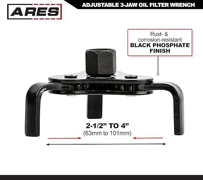 ARES 56041 – Adjustable 3-Jaw Oil Filter Wrench – 2 1/2-Inch to 4 Inch (63mm to 101mm) Capacity – Use with 3/8 or 1/2-Inch Drive Ratchets or 7/8-Inch Wrenches – Carbon Steel Construction