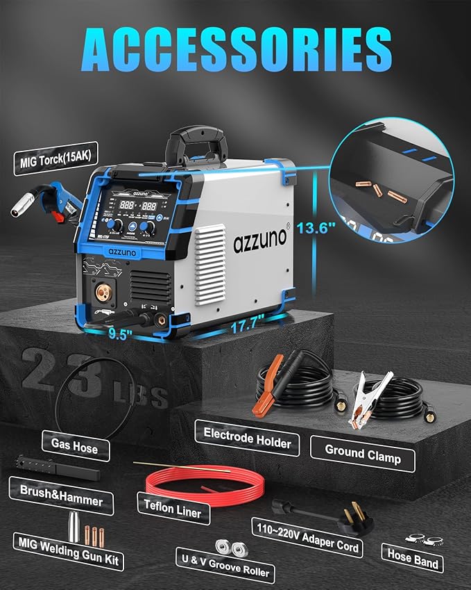 AZZUNO Single PULSE Aluminum MIG Welder Machine 175Amp, 110V 220V 5-in-1 Multiprocess Welding Machine with PULSE Aluminum MIG/Flux MIG/Gas MIG/Stick/Lift TIG Welding, Wire Feed Welder
